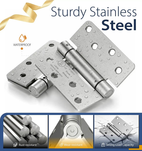 Beefy 4 Inch Self Closing Door Hinges Set of 2 With Spring Action and One Quarter Inch Radius Corners in stainless steel with watermark
