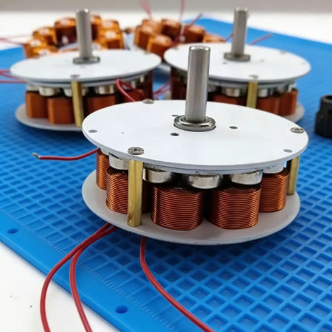 24V 50W Micro Core Disc Generator with Low RPM Performance From 100 To 650 RPM 3 Phase AC for DIY Projects on blue mat