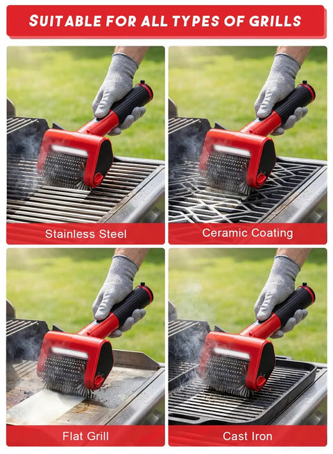 Person using Beast 800 RPM Cordless Grill Scrubber With LED Light on stainless steel, ceramic, flat, and cast iron grates.