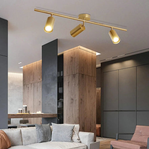 Brushed Brass LED Adjustable Track Lighting Kit With Pivoting Heads, 3 Light Ceiling Spotlight Track System For Kitchen And Living Spaces, Mid Century Modern Flush Mount Fixture For A Lit Ambience