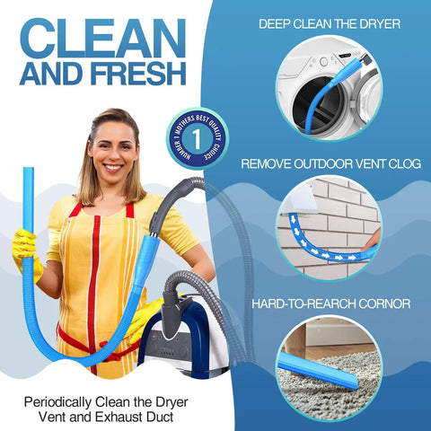Diagram showing woman with Dryer Vent Cleaning Kit With Vacuum Attachment And Long Reach Hose For Quick Lint Removal in use
