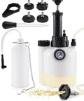 One Man Brake Bleeder Kit With 3L Reservoir And 1L Catch Bottle Manual Pump Bleeder For Flushing Brakes And Clutch Includes 43.5mm 45mm 49.5mm 50.7mm Master Cylinder Caps Mess Free And Fast, showing all components including caps and bottles.