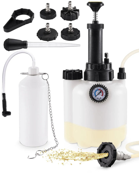 One Man Brake Bleeder Kit With 3L Reservoir And 1L Catch Bottle Manual Pump Bleeder For Flushing Brakes And Clutch Includes 43.5mm 45mm 49.5mm 50.7mm Master Cylinder Caps Mess Free And Fast, showing all components including caps and bottles.