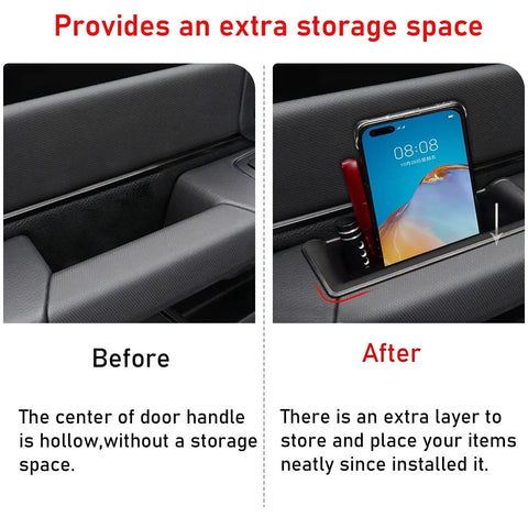 Ram 1500 Door Side Organizer Tray 4 Piece Set With White Line Mats For Left Hand Drive Models showing before and after installation