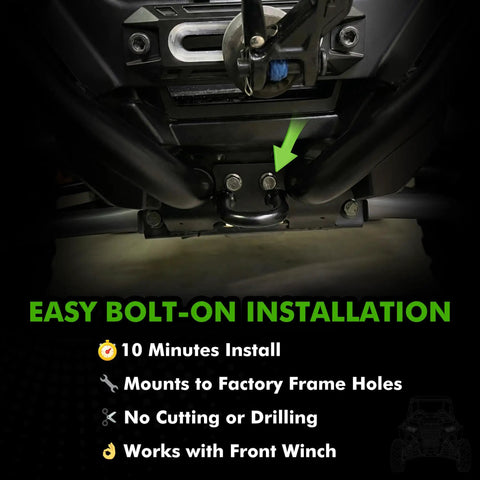 Easy bolt-on installation of Beefy 16mm Steel Front Tow Hook For Off Road RZR 900S 1000S 1000XP General Models Heavy Duty Recovery Hook With Black Powder Coat Easy Bolt On Installation Rust Resistant And Trail Ready