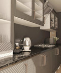 Modern kitchen with beech wood drawer pulls unfinished cabinet handles for kitchen cupboards, with appliances on countertop.