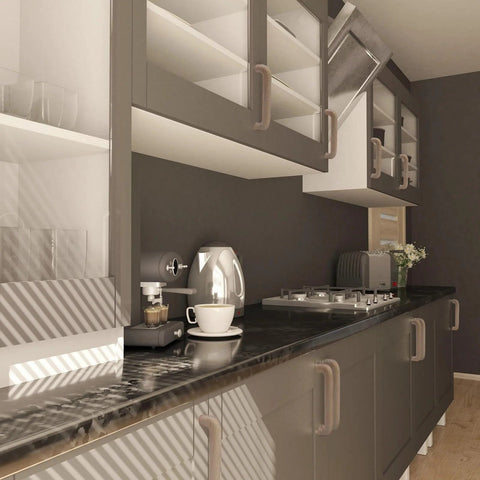 Modern kitchen with beech wood drawer pulls unfinished cabinet handles for kitchen cupboards, with appliances on countertop.