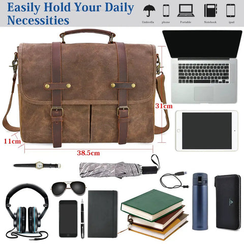 Top Tier Mens Messenger Bag Built Tough From Crazy Horse Leather And Hella Waterproof Waxed Canvas With Secure Compartments Fits 15.6 Inch Laptop For Daily Commute Work on a table with daily essentials.