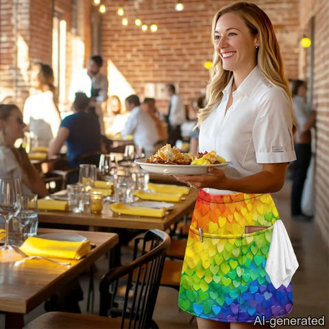 Waitstaff in restaurant wearing Rainbow Hearts 3 Pocket Waist Short Apron Waterproof Oil Resistant Half Apron