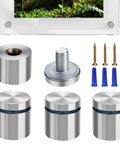 Beefy 1 Inch Stainless Steel Standoff Screws 4 Pack Rock Solid Wall Mount Spacers for glass, includes screws and wall plugs.