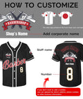 Custom Barber Smock Personalized Baseball Jersey With Staff Names And Shop Logo Sick Street Threads For Barbershops And Trendy Salons Stitched In Premium Black for customization options showing staff names and numbers.