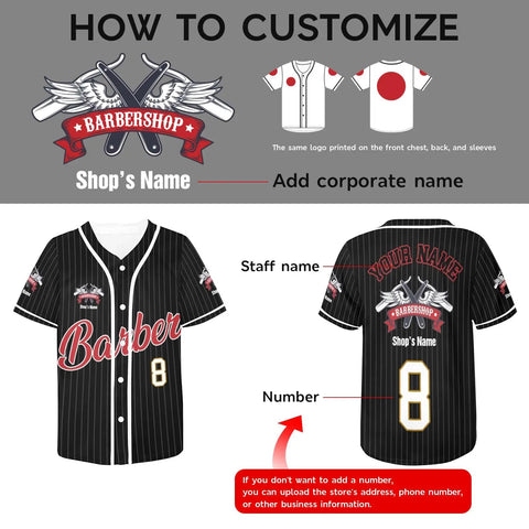 Custom Barber Smock Personalized Baseball Jersey With Staff Names And Shop Logo Sick Street Threads For Barbershops And Trendy Salons Stitched In Premium Black for customization options showing staff names and numbers.