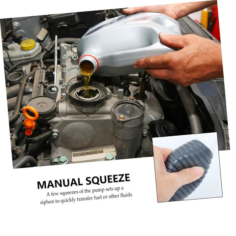 Manual Siphon Pump Kit With Hand Pump And Flexible Hose For Grab And Go Water And Liquid Transfer And Emergency Fluid Extraction In Vehicles Squeeze Activated Non Drip Tool For Fuel And Other Fluids, hands pouring oil into engine