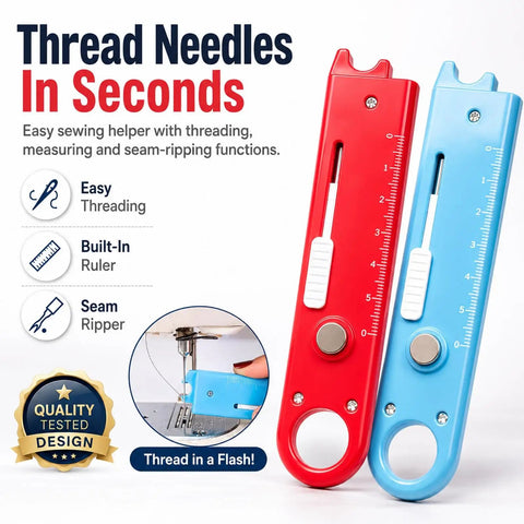 Automatic Needle Threader Tool With Built In Magnifier And Scale For Quick Sewing, Quilting, Embroidery And DIY Projects, No Fuss Threading In Seconds, Red, shown with blue