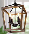 Farmhouse Style Chandelier Light Fixture For Kitchen And Dining Room With Barn Chic Vibe, A 4 Light Rustic Pendant With Height Adjustable Chain, Oak Wood Finish, Cage Lantern Lighting, E12 Base For Hallway Foyer featuring oak wood frame and black metal accents