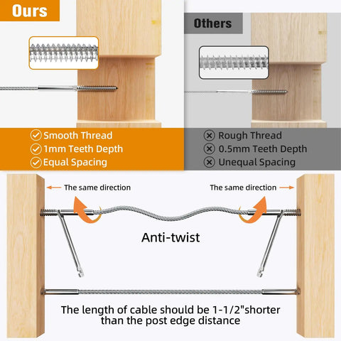 Swage Lag Screws For Cable Railing Kit 100 Pack T316 Stainless Steel Left And Right Handed Thread One Eighth Inch Cable Hardware features smooth thread and anti-twist design on wood post railing system.