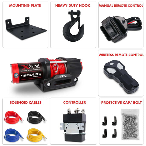 Beefy 12V 4500 Lb Electric Winch For ATV And UTV Off Road Adventures with components like remote, hook, and bracket shown.