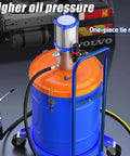 Pneumatic Grease Pump With 19 Inch Tubing And Grease Gun, Delivers 0.8 L Per Min For Auto Repair Machining And Equipment Maintenance, High Pressure 70 To 1 Output, Durable Barrel Pump For Mechanical Work with high-pressure oil delivery in a blue and orange barrel.