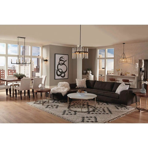 Adagio Collection 2 Light Black Modern Wall Light With Geometric Interlocking Elements in luxury living room with city view