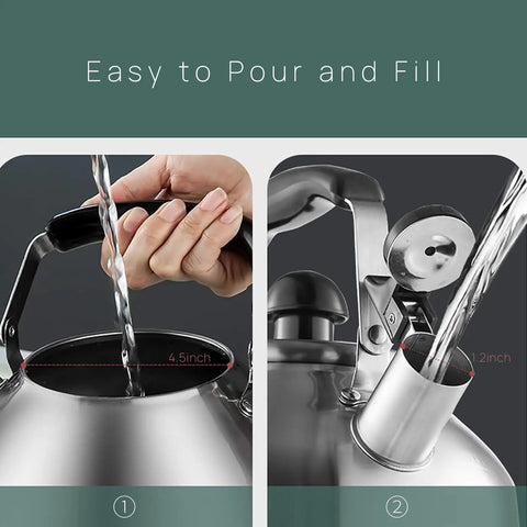 4.2 Quart Stainless Steel Whistling Tea Kettle With Brushed Satin Finish Induction And Gas Stove Top Compatible Durable SUS304 Build, Easy Pour Spout, A Real Kitchen Must Have For Boiling Water And Tea At Home, showcasing easy pour spout design and wide opening for filling.