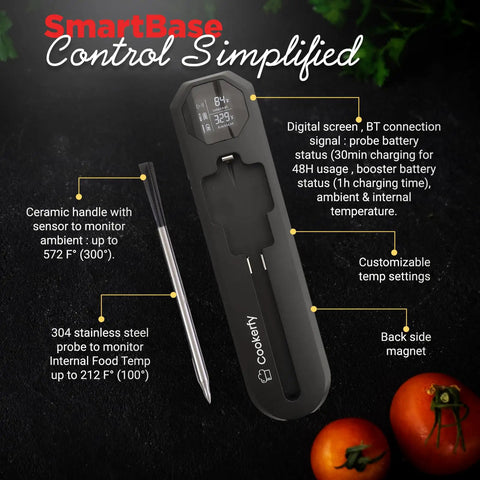 Digital Wireless Meat Thermometer With 820Ft Bluetooth Range and IP67 Waterproof Build displayed with probe and features.