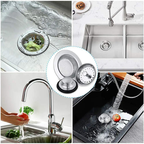 Collage showing Six Pack Stainless Steel Kitchen Sink Drain Strainer Set with Anti Clogging Basket Stopper in various kitchen setups