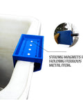 Blue Hard Hat Lineman Bucket Tray With Slick Patented Ramp And Magnetic Holder For Bucket Truck Lip Mount showing strong magnets for metal items.