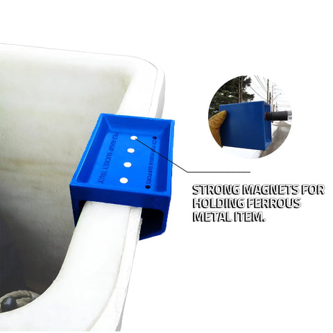 Blue Hard Hat Lineman Bucket Tray With Slick Patented Ramp And Magnetic Holder For Bucket Truck Lip Mount showing strong magnets for metal items.