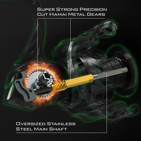 Exploded view of Spartacus II Spinning Reel Sealed Carbon Fiber Build showing metal gears and stainless steel shaft.