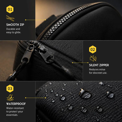 Close-up of ultra compact crossbody sling bag with smooth silent zippers and water-resistant Oxford fabric, ideal for travel.