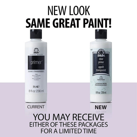 Clear Water Based Primer 8 oz Non Toxic Flexible Base With two packaging options displayed side by side, current and new.