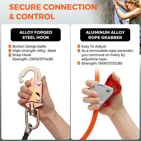 Alloy forged steel hook and aluminum alloy rope grabber for Heavy Duty Tree Climbing Rope With Steel Core Flip Line Half Inch Twelve Feet
