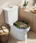 Elongated Tiger portrait Toilet Seat on a white toilet, showcasing tiger design against a green background in a modern bathroom.
