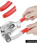 Hands using heavy duty metal hole punch kit with chrome vanadium steel punches in sizes from three thirty second inch to nine thirty second inch