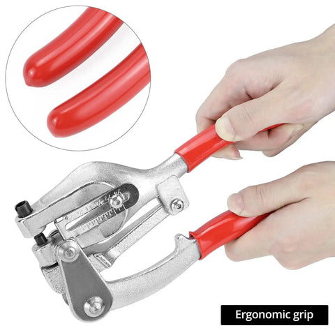 Hands using heavy duty metal hole punch kit with chrome vanadium steel punches in sizes from three thirty second inch to nine thirty second inch