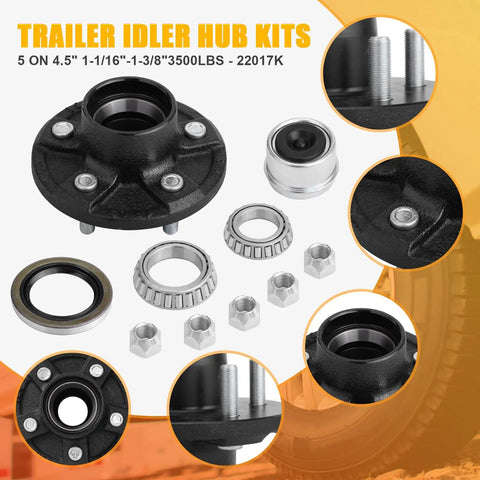 Two Set 3500lb Trailer Hub Kit Five Lug 4.5 Inch For 1-1/16 Inch To 1-3/8 Inch Tapered Axles Includes EZ Lube Outer Bearings L44649 L68149 Bearing Kit shown with components