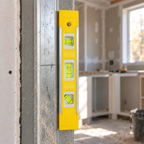 Spirit Level, Aluminum Alloy securely attached to metal, showing precision bubble levels in a renovated space.