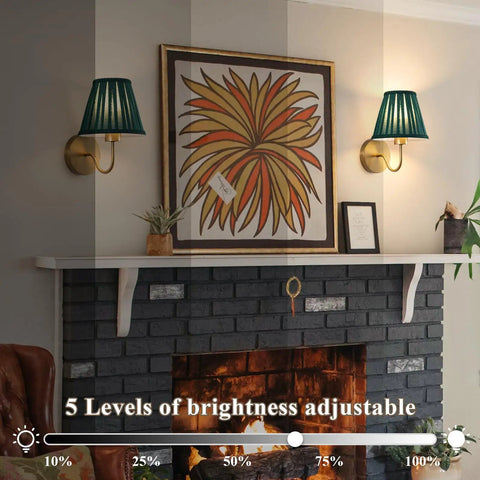 EIDISUNY Battery Operated Wall Sconces with adjustable brightness next to art and fireplace in living room.
