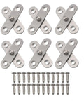 Six Piece Quality Heavy Duty Stainless Steel Pivot Hinges Delivered With Slick 360 Degree Swivel And Effortless No Sweat Mounting For Household Cabinet Doors with screws laid out.