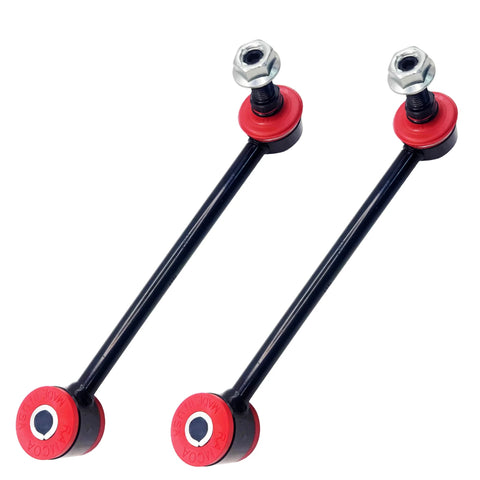 Pair of front sway bar end links with red bushings and silver nuts on black steel rods.