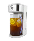 Generous 3 Quart White Stainless Steel Iced Tea And Cold Brew Coffee Brewing Pitcher with infused iced tea and lemon slices.