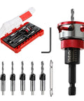 7-piece countersink drill bit set with aluminum stop collar and 1/4 inch hex shank in red case; front view.
