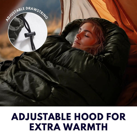 XXL Winter Sleeping Bag For Adults And Kids, 4 Season Cold Weather Camping Gear with adjustable drawstring in use