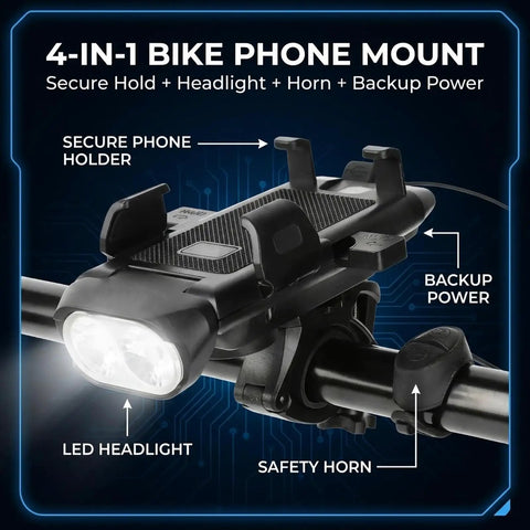 4 In 1 All In One Bike Phone Mount With LED Headlight And 130dB Horn, 3000mAh USB Backup Charger And Secure Handlebar Phone Holder For Road, Mountain And E Bikes, Night Ride Safety And Easy Install