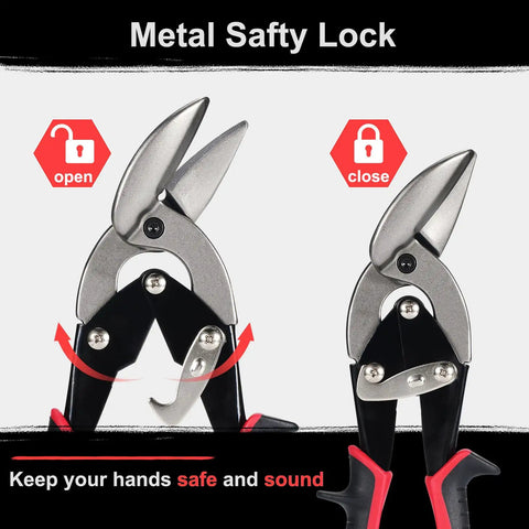 Heavy Duty Tin Snips Set Three Piece Left Right Offset And Straight Cut Metal Shears with Comfort Grips and Safety Latch