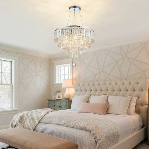 Bedroom with Glam Crystal Chandelier Pendant Light, 19.7 Inch Teardrop Crystal Drops, 6 Lights, Convertible From Hanging Pendant To Semi Flush Mount