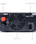 Back panel of Beefy 50A Regulated Bench Power Supply With AC-DC Conversion, showing cooling fan, fuse, and input/output terminals.