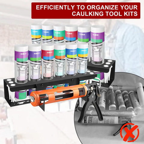 Kick Mess To The Curb With This Built Tough Caulk Tube Holder Wall Mount Rack For Garage Workshop and Work Van to Store Six Tubes and Grease Cartridges. Six tubes and orange caulking gun displayed on a wall rack.