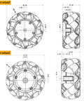 Mecanum wheel technical drawings: 80mm and 97mm omni wheels with mounting holes, front and side views.