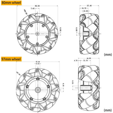 Mecanum wheel technical drawings: 80mm and 97mm omni wheels with mounting holes, front and side views.